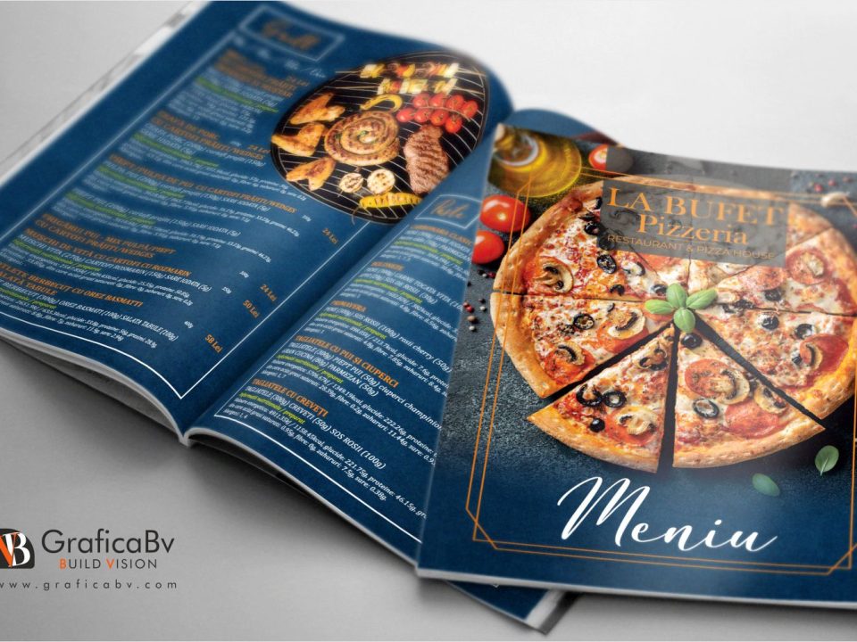 Grafica meniu Pizzerie si Restaurant – model albastru navy